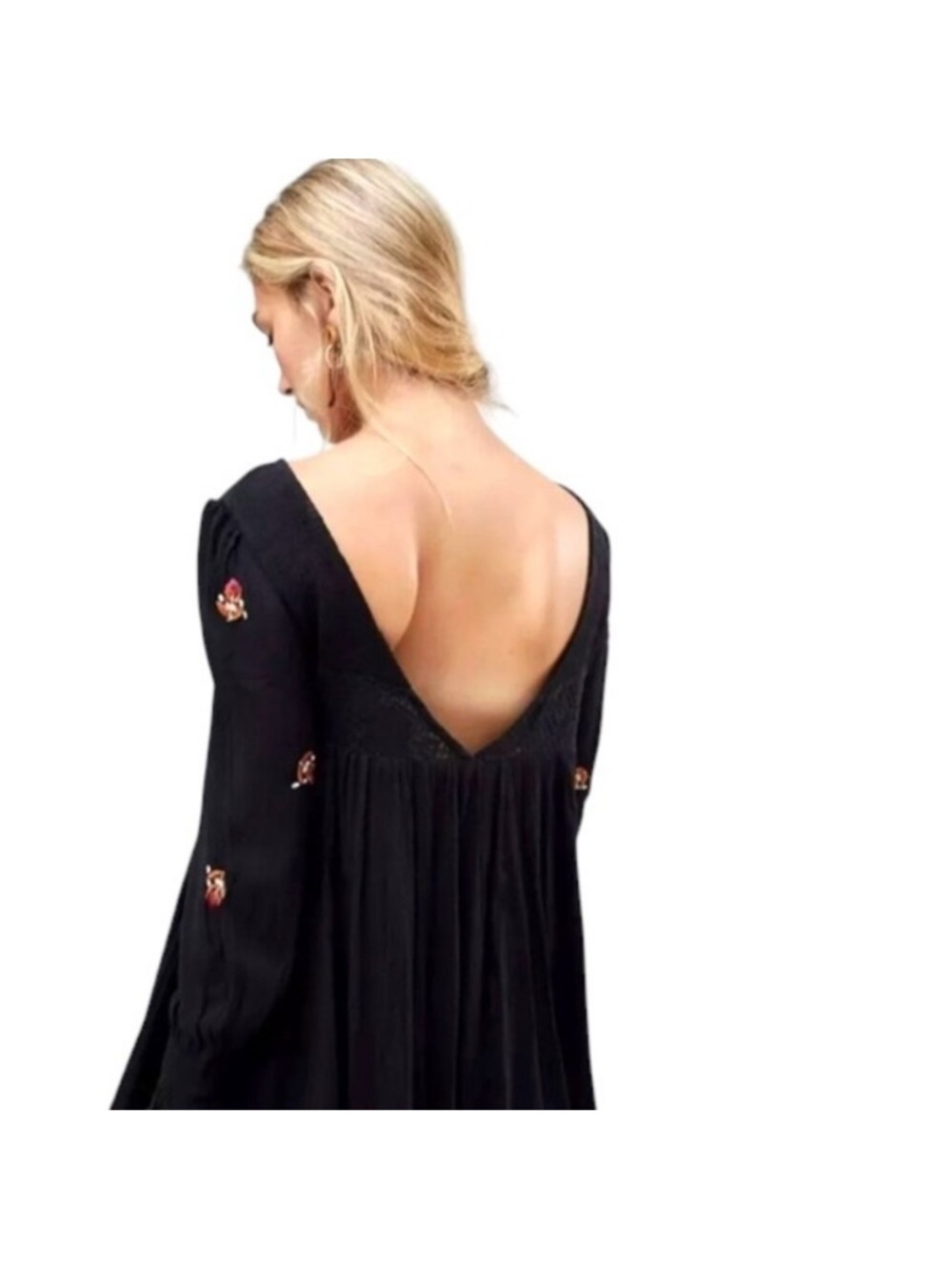 Free People Mojave Black Embroidered Boho Mini Dress with Multicolor Neck Detail - Picture 3 of 4